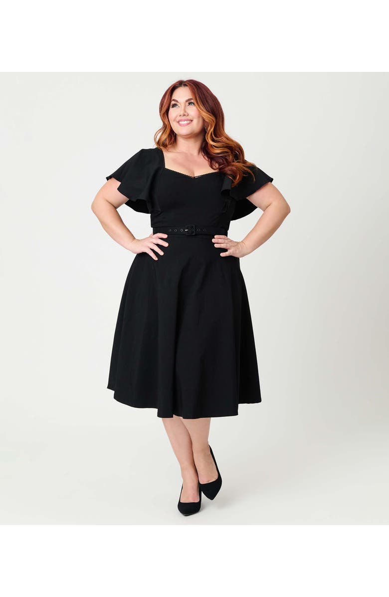 Unique Vintage Plus Size Flutter Sleeve Belted Swing Dress, Alternate, color, Solid Black