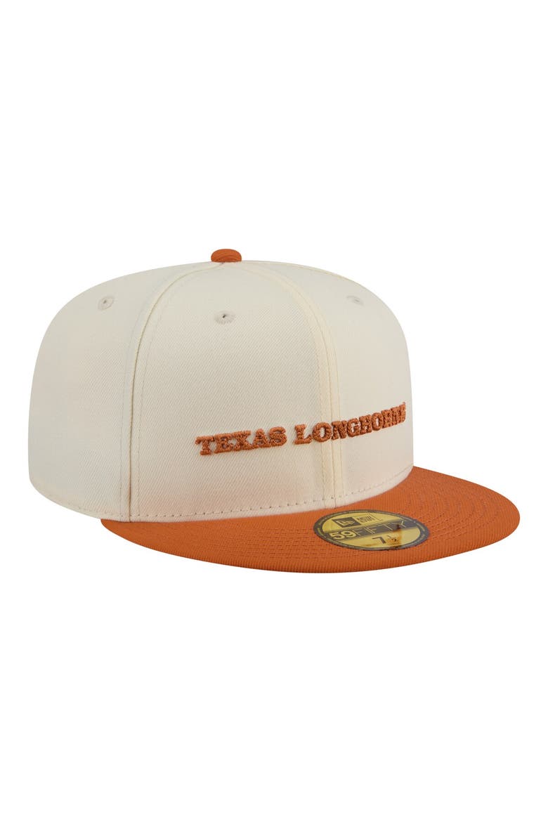 Men's New Era  Cream/Texas Orange Texas Longhorns Two-Tone Script 59FIFTY Fitted Hat, Alternate, color, Cream