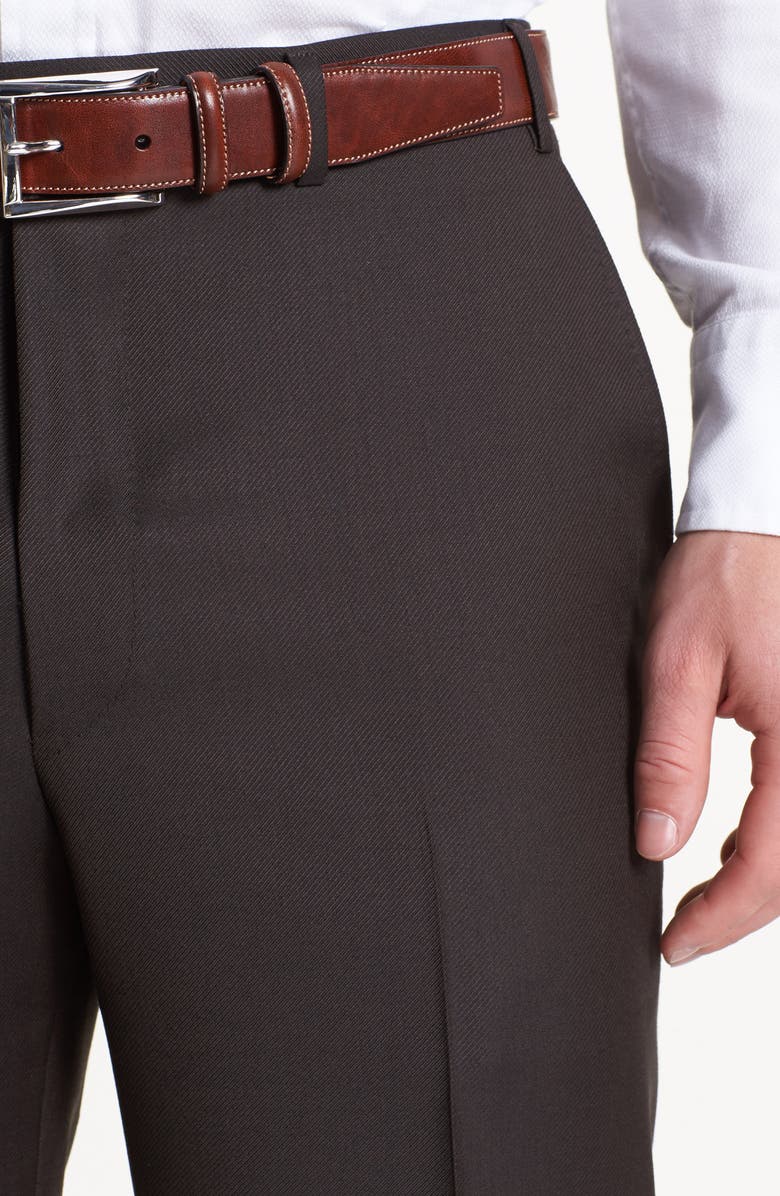 Canali Flat Front Solid Wool Trousers, Alternate, color, Dark Brown