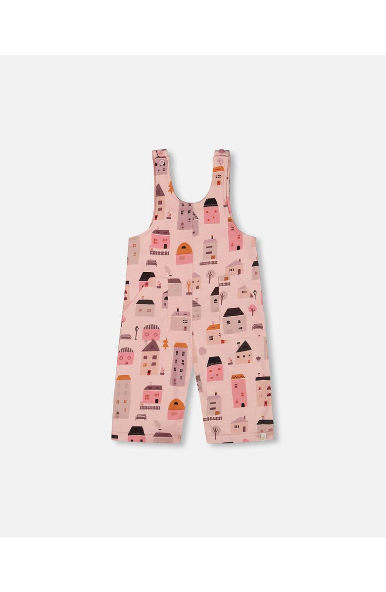 Deux par Deux Girl's Printed French Terry Overalls Pink And Coral Houses, Main, color, 