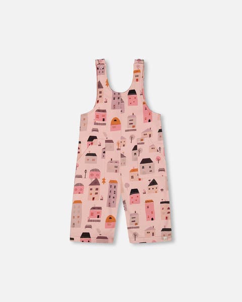 Girl's Printed French Terry Overalls Pink And Coral Houses