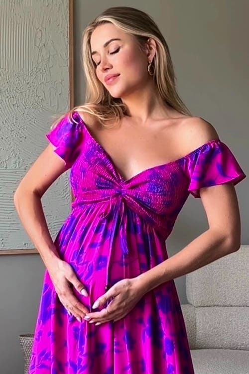 Pinkblush Floral Smocked Cinched Top Maxi Dress In Purple