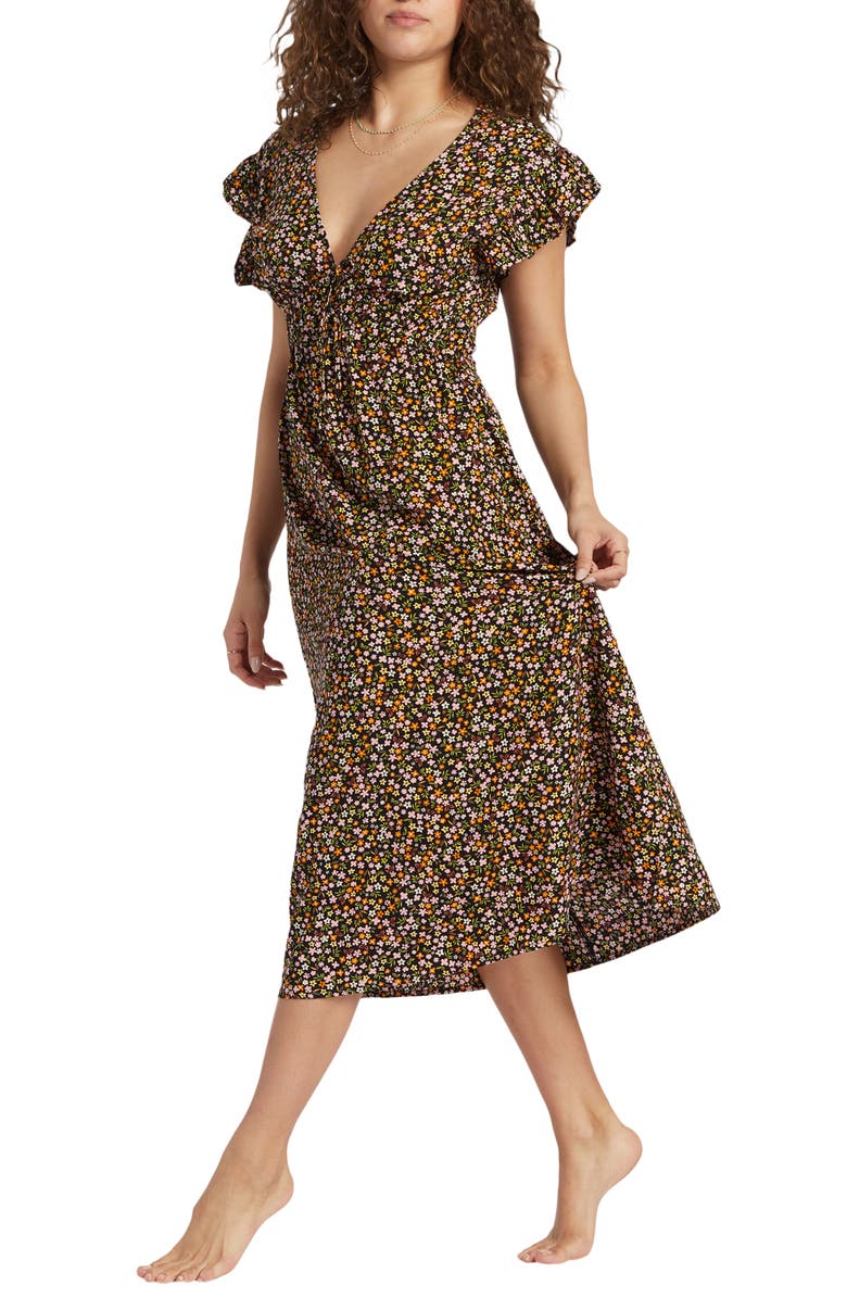 Billabong Picnic Date Floral Shirred Dress, Alternate, color, Black Sands