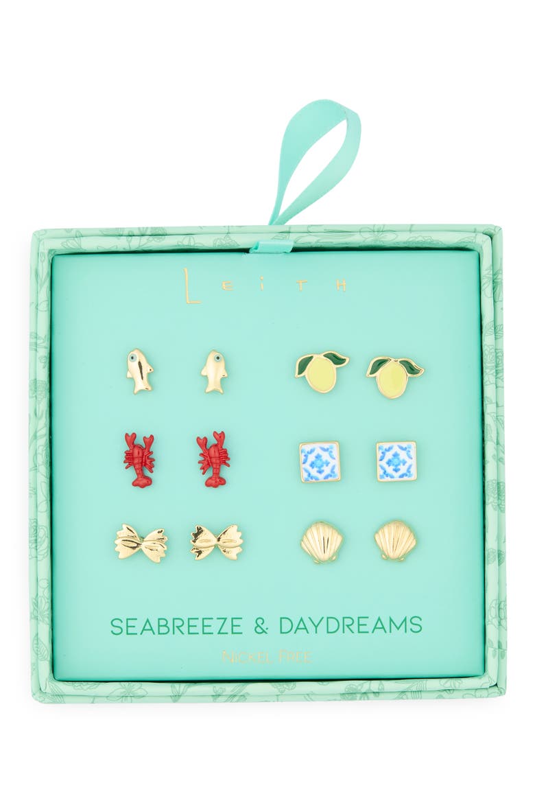 Seabreeze & Daydreams Set of 6 Sealife Stud Earrings, Main, color, RED MULTI- GOLD