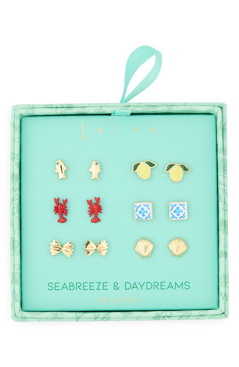 Leith Seabreeze & Daydreams Set of 6 Sealife Stud Earrings, Main, color, Red Multi- Gold