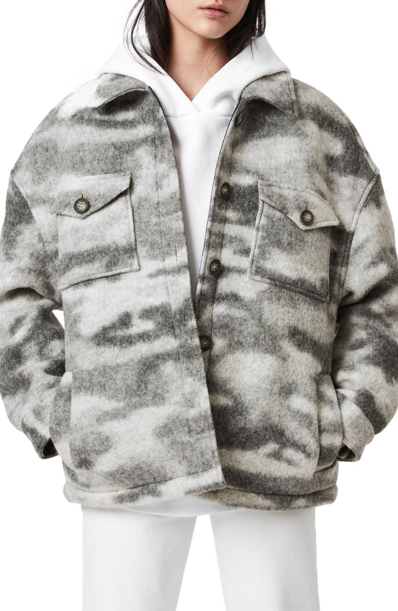 AllSaints Fenix Camo Oversize Wool Blend Jacket, Main, color,