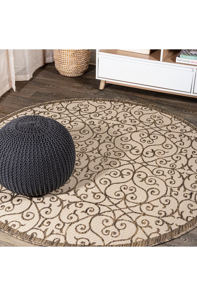 Madrid Vintage Filigree Textured Weave Indoor/Outdoor Round Area Rug, Main, color, Beige/Brown