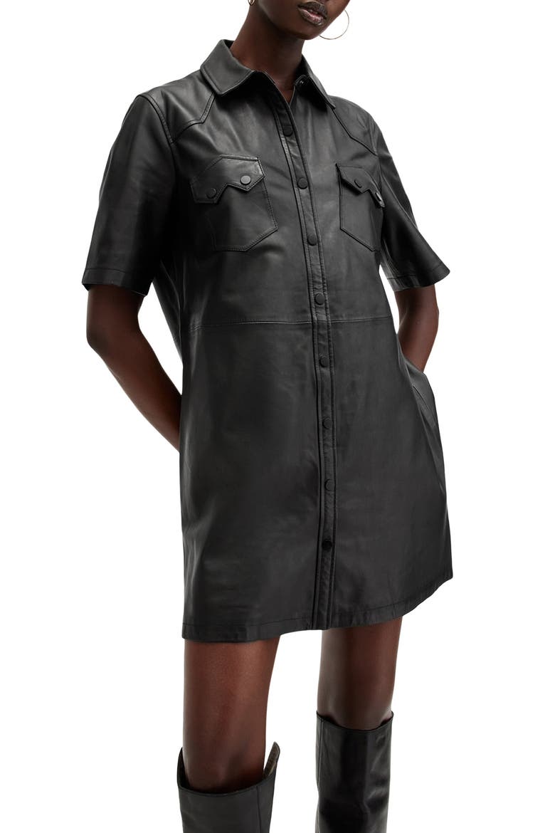 Rock Western Leather Mini Shirtdress, Alternate, color, BLACK