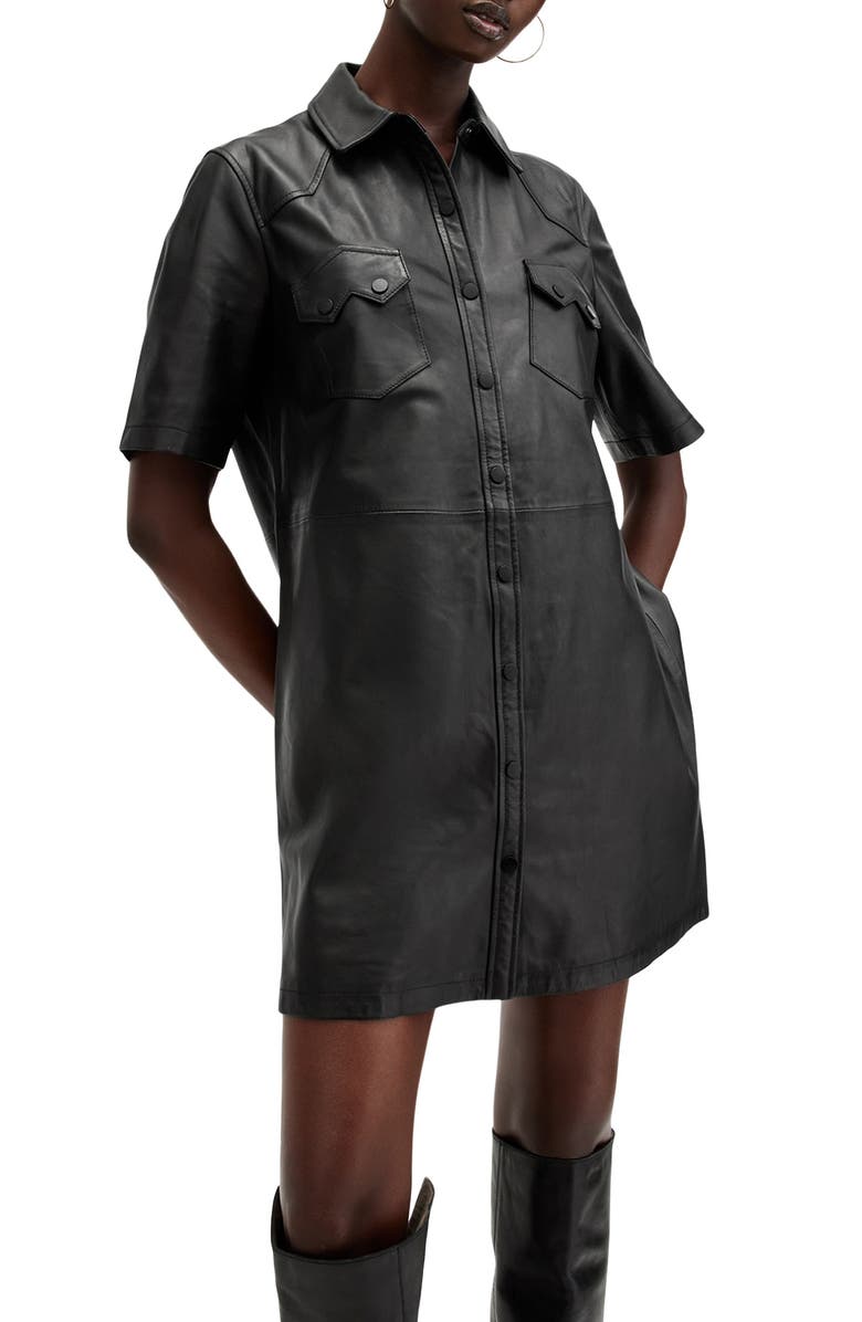 AllSaints Rock Western Leather Mini Shirtdress, Alternate, color,