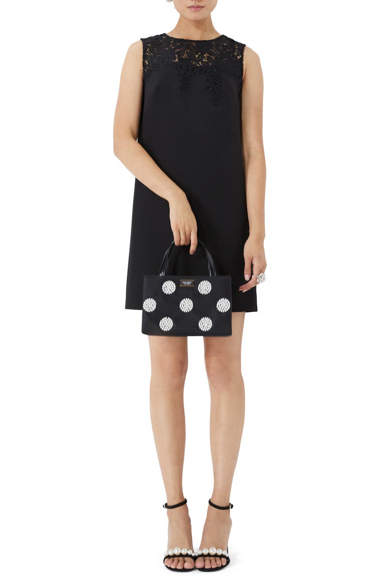 Kate Spade New York Floral Lace Appliqué Crepe Shift Dress, Main, color, Black