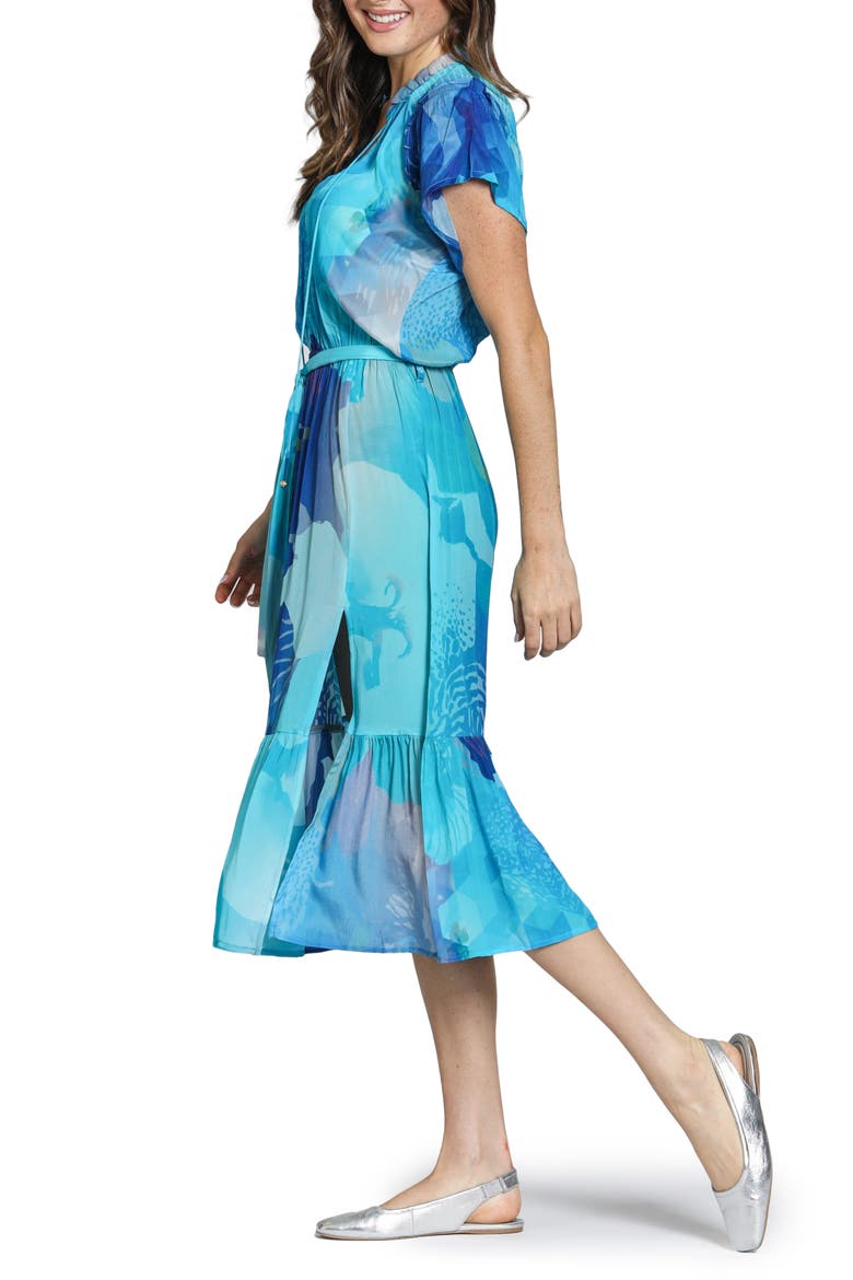 Print Short Sleeve Midi Dress, Alternate, color, BRIGHT BLUE MULTI