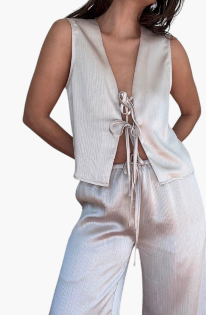 Modenaire Sleeveless Tie-Front Top and Wide-Leg Pant Set in Lustrous Finish, Alternate, color, 