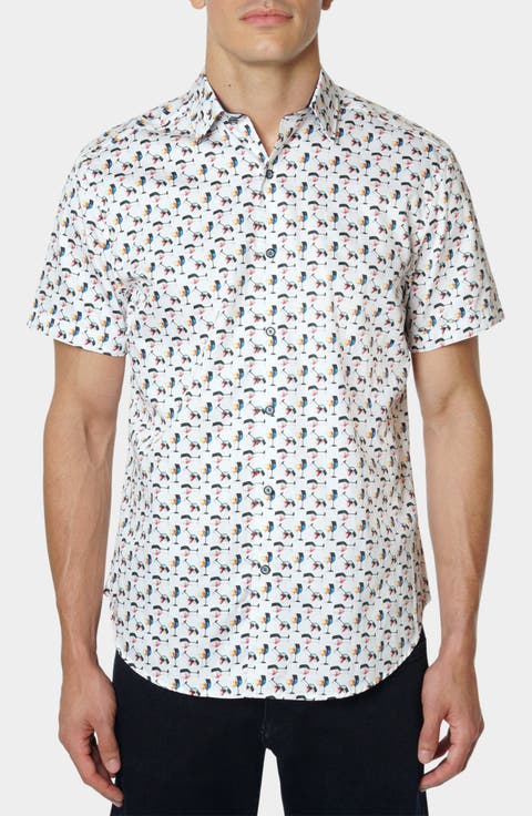 Wine Glass Print Cotton Short Sleeve Button-Up Shirt