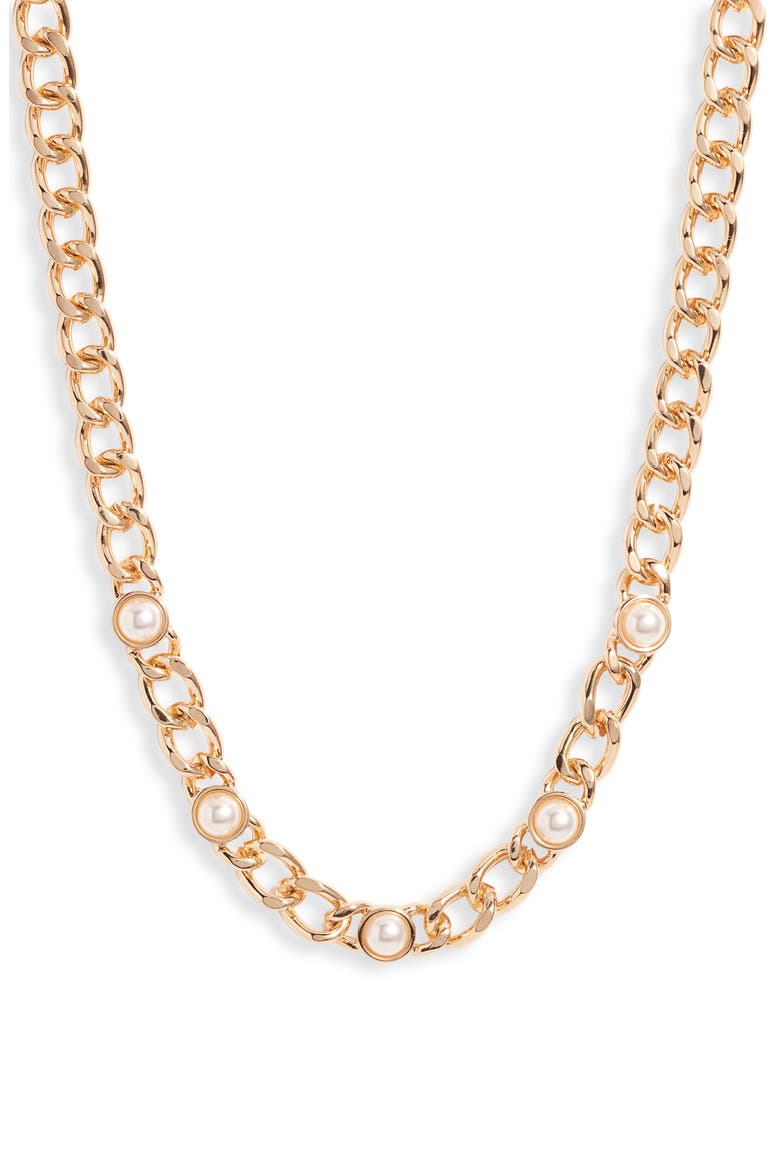 Imitation Pearl Accent Curb Chain Necklace, Main, color, WHITE- GOLD