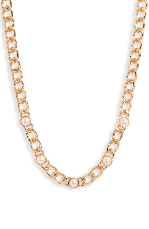 Imitation Pearl Accent Curb Chain Necklace