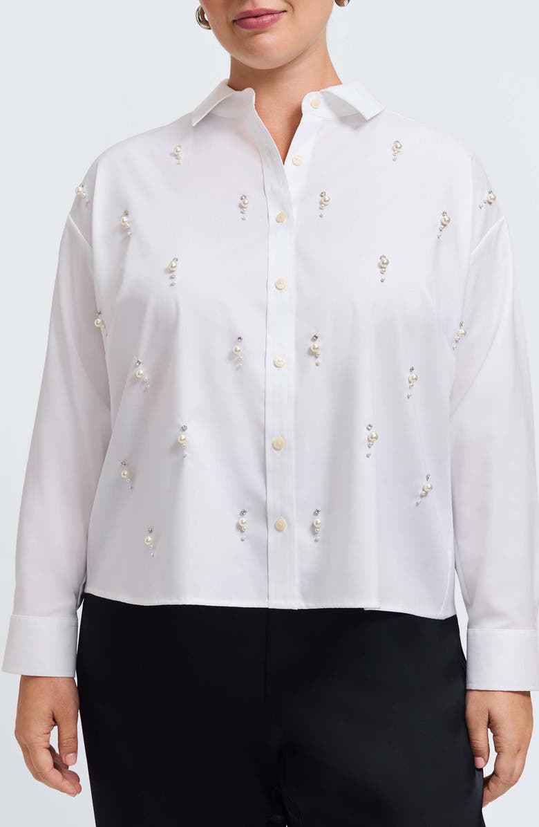 Foxcroft Marina Faux Pearl Embellished Button-Up Shirt, Main, color, White