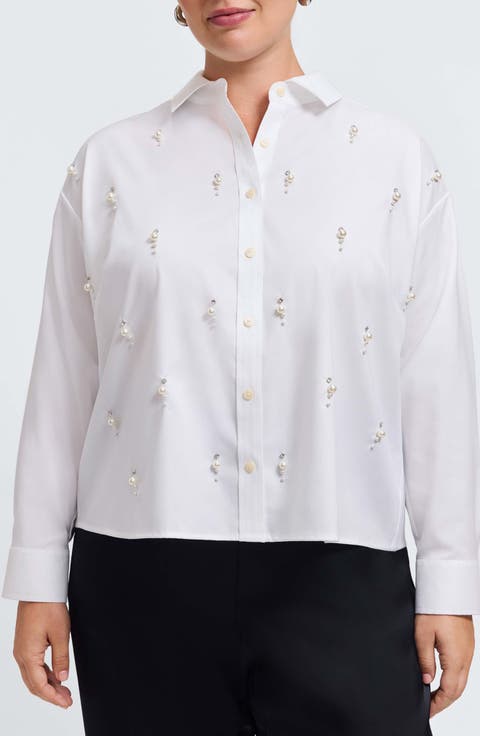Marina Faux Pearl Embellished Button-Up Shirt (Plus)
