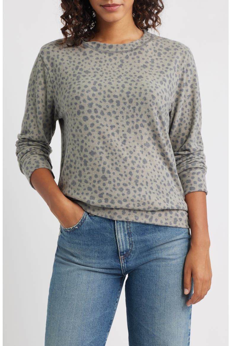 Brushed Animal Print Long Sleeve Crewneck Top, Main, color, OLIVE/ CHARCOAL