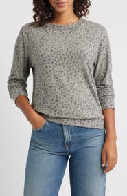 Loveappella Brushed Animal Print Long Sleeve Crewneck Top