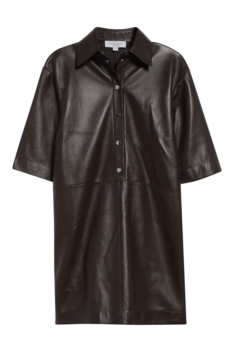 Elbow Sleeve Lambskin Leather Shirtdress, Alternate, color, CHOCOLATE