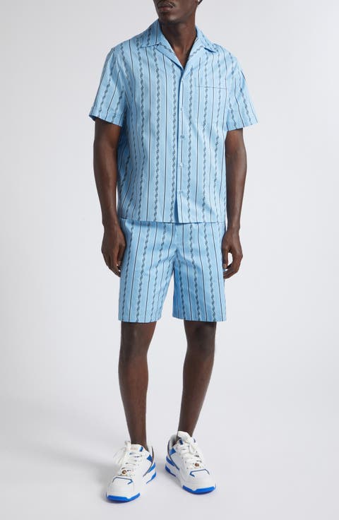 Stripe Greca Jacquard Short Sleeve Button-Up Shirt