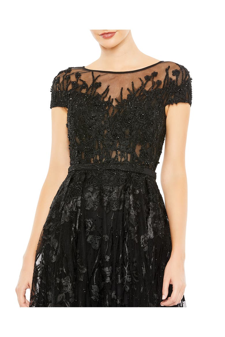 Embellished Floral Cap Sleeve A Line Gown, Alternate, color, BLACK