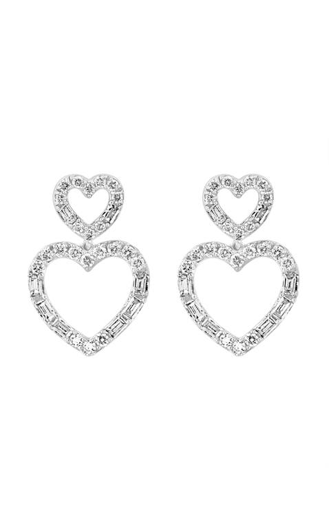 Double Heart Diamond Drop Earrings in 14K White Gold