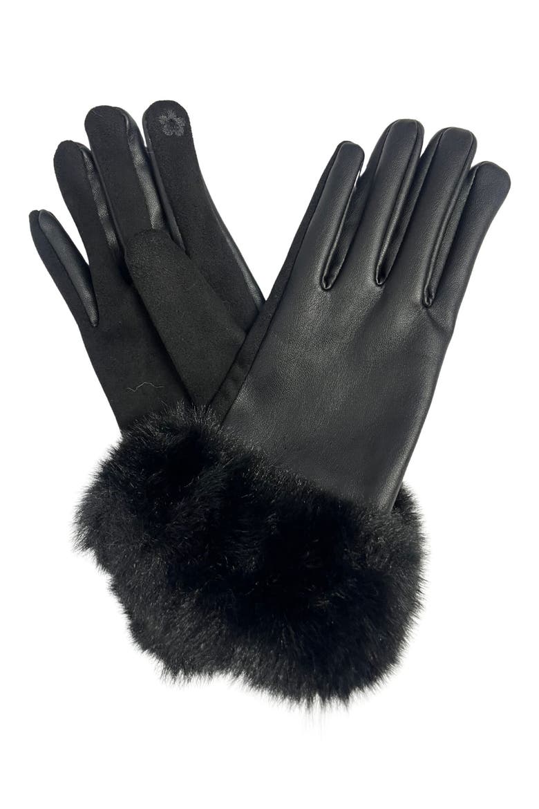 Faux Leather Gloves with Faux Fur Cuff, Main, color, BLACK
