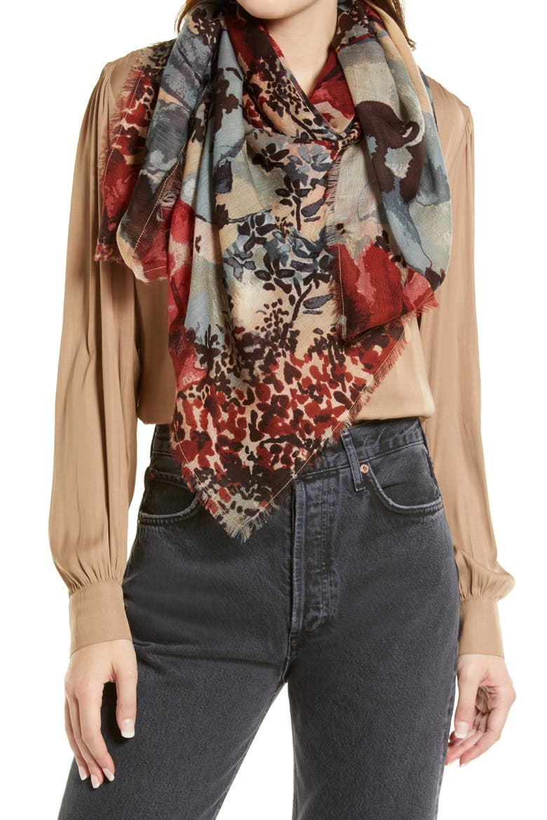 Print Wool Scarf, Main, color, TAN MAHOGANY WATERCOLOR MEADOW