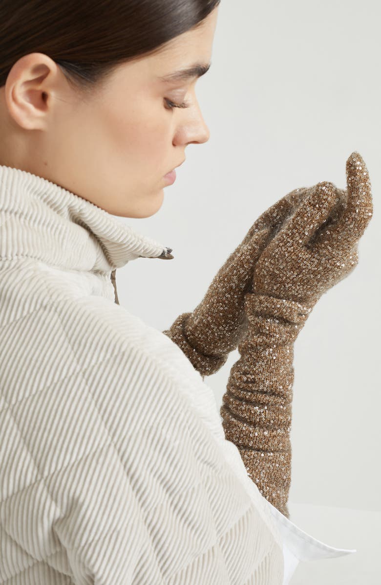 Brunello Cucinelli Dazzling knit gloves, Alternate, color, Beige