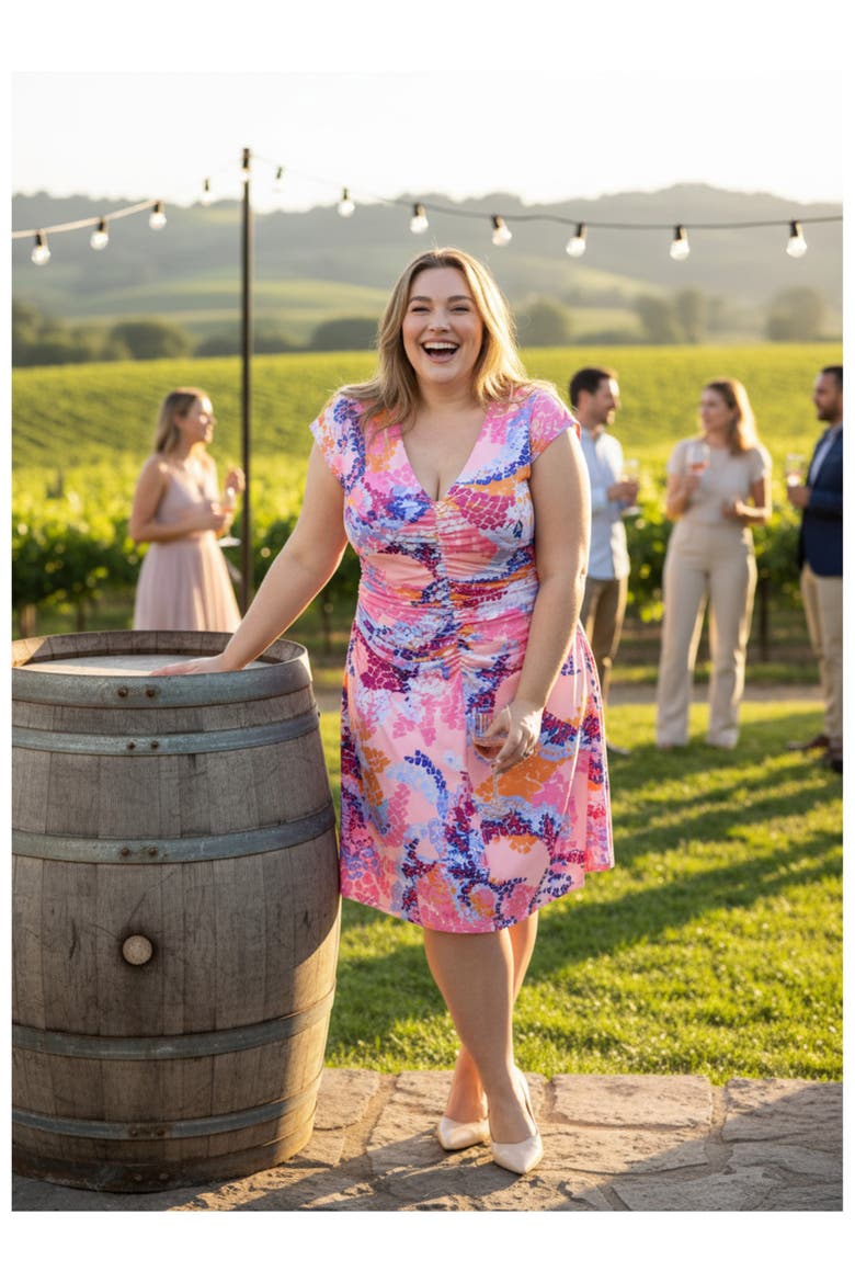 Plus Size Abstract V-Neck Cap Sleeve Ruched Front Knee Length Dress, Alternate, color, Pink Multi