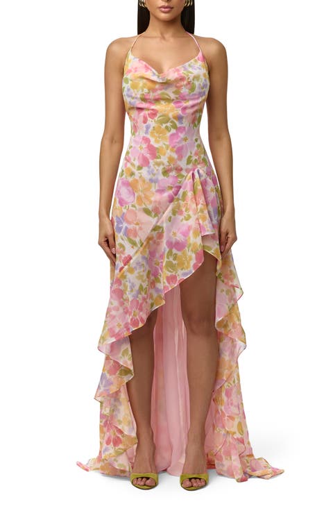 Floral Chiffon Halter High-Low Dress