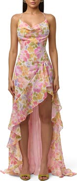 Naked Wardrobe Floral Chiffon Halter High-Low Dress