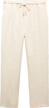 MANGO Elastic Waist Crop Straight Leg Linen Pants