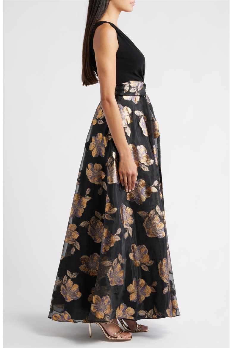 Floral Metallic Sleeveless Mixed Media Ballgown, Alternate, color, BLACK GOLD
