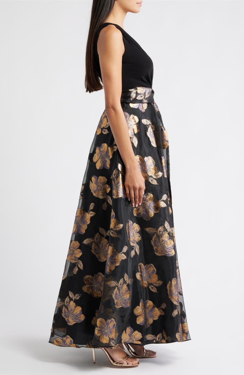 Eliza J Floral Metallic Sleeveless Mixed Media Ballgown, Alternate, color, Black Gold