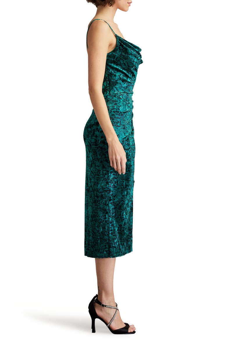 Snakeskin Print Ruched Midi Cocktail Dress, Alternate, color, EMERALD/ BLACK