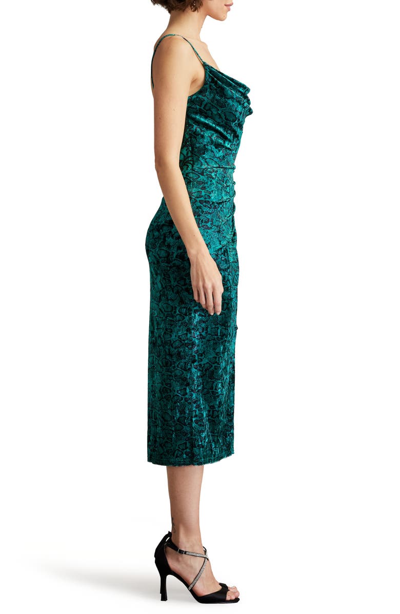 SHO by Tadashi Shoji Snakeskin Print Ruched Midi Cocktail Dress, Alternate, color, Emerald/ Black