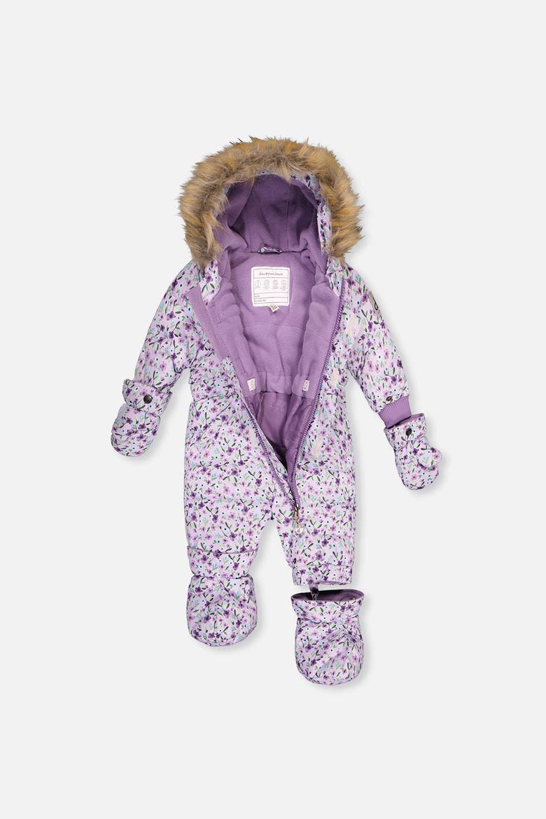 Mini Flowers Original One Piece Puffy Snowsuit with Removable Mittens and Boots, Alternate, color, Purple Printed Mini Flowers