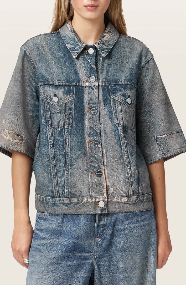 AllSaints Juni Distressed French Terry Denim Shirt, Main, color, Illusion Tint Blue