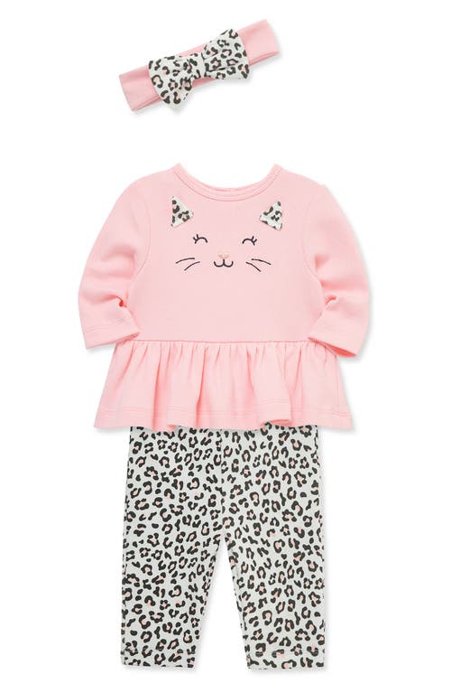 Little Me Leopard Bodysuit, Pants & Headband Set In Pink