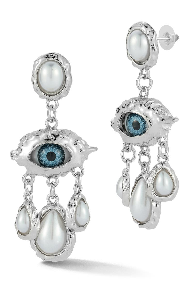 Faux Pearl Eye Drop Earrings, Main, color, SILVER/BLUE