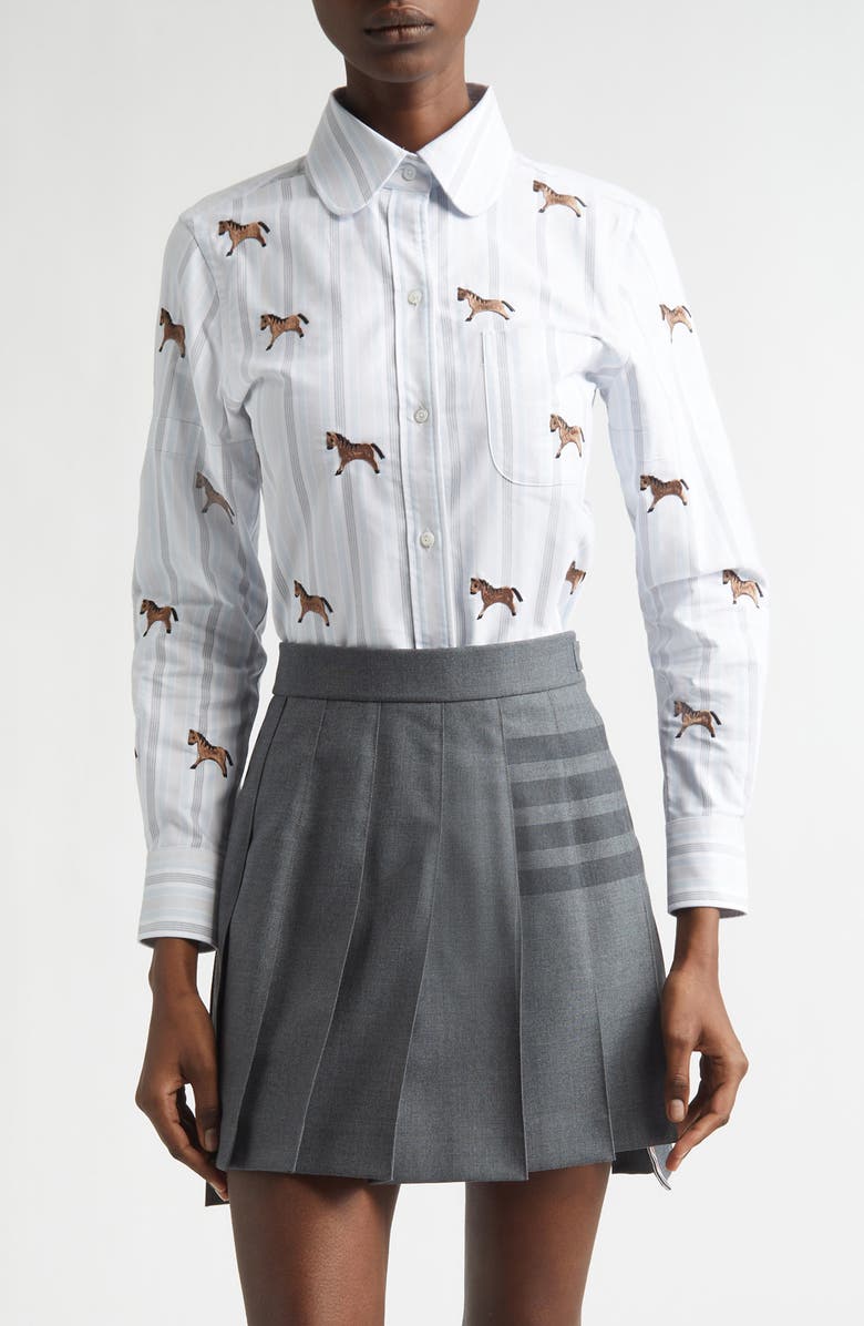 Thom Browne Lunar New Year Horse Embroidered Oxford Button-Up Shirt, Main, color, Medium Blue