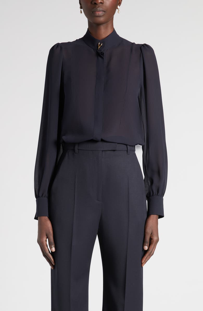 McQueen Wishbone Silk Crêpe de Chine Button-Up Shirt, Main, color, Indigo