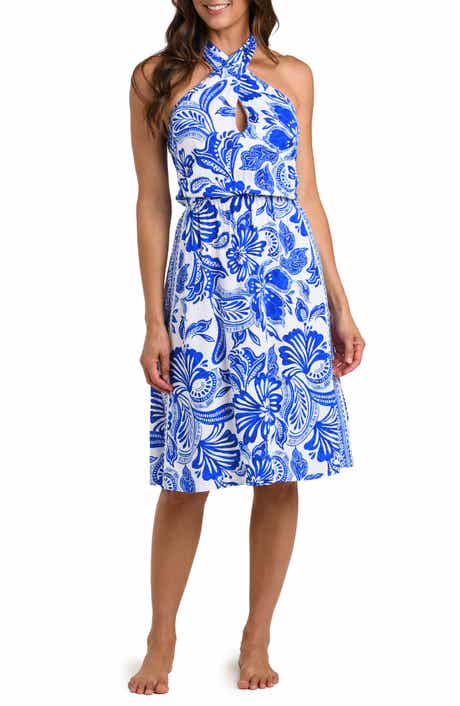 Botanical Brocade Fit & Flare Halter Dress