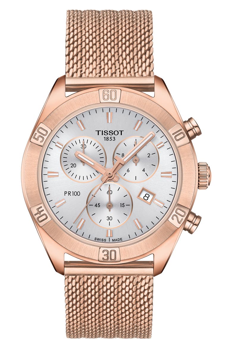 PR 100 Sport Chic Chronograph Mesh Bracelet Watch, 36mm, Main, color, ROSE GOLD/ SILVER/ ROSE GOLD