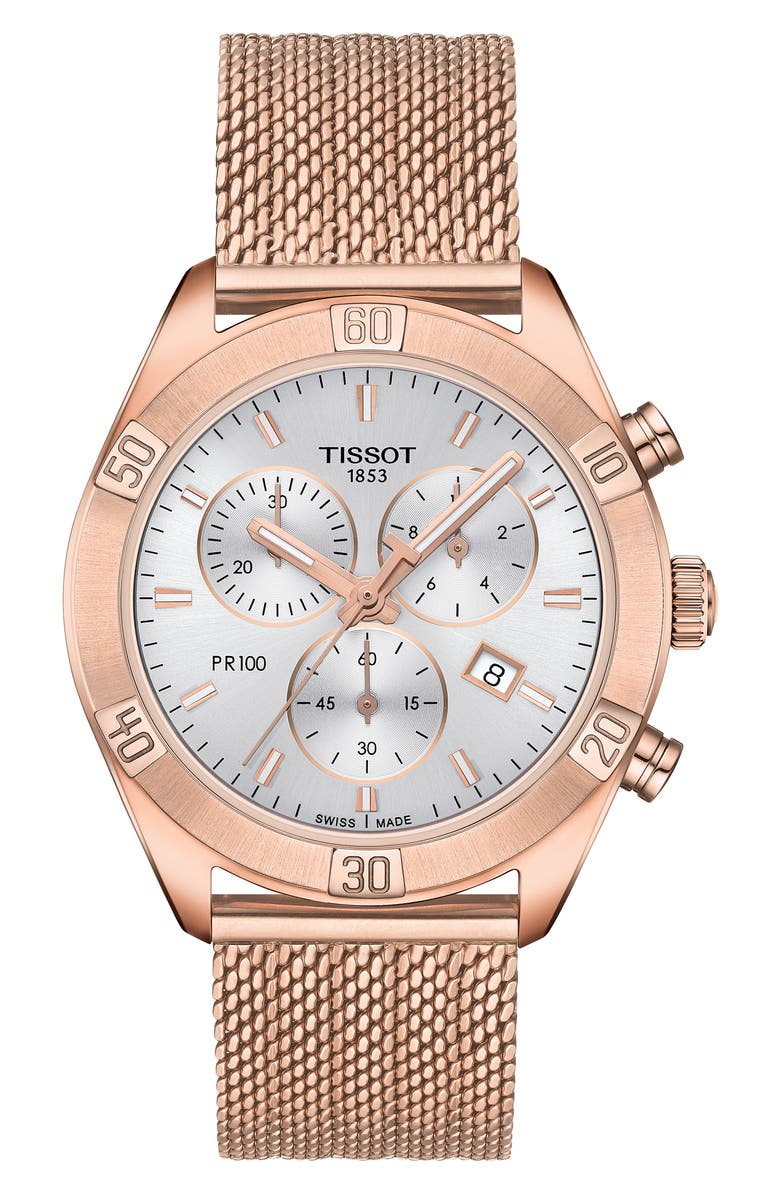 Tissot PR 100 Sport Chic Chronograph Mesh Bracelet Watch, 36mm, Main, color, Rose Gold/ Silver/ Rose Gold