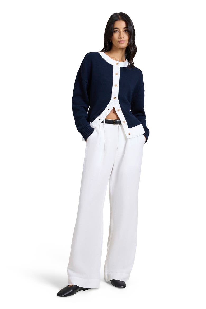 Cotton Fitted Cardigan, Main, color, OFF WHITE/NAVY