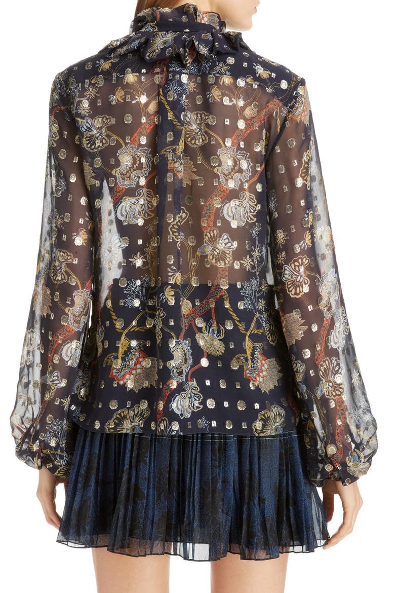 Floral Tie Neck Bishop Sleeve Silk Chiffon Blouse, Alternate, color, MULTICOLOR BLUE 1