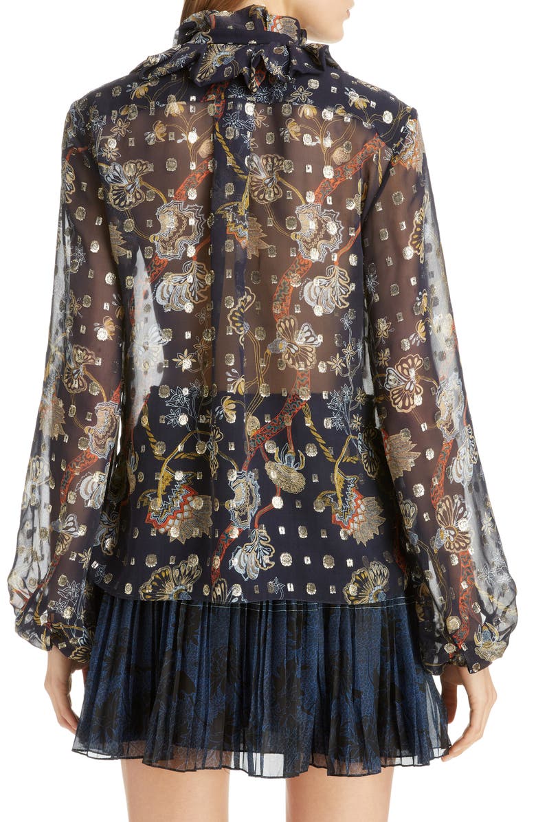 Chloé Floral Tie Neck Bishop Sleeve Silk Chiffon Blouse, Alternate, color,